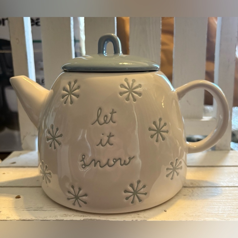 Rae Dunn White Teapot with Blue Winter Design